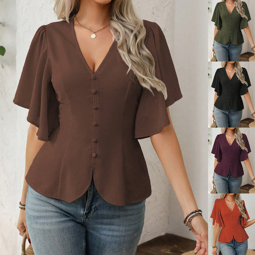 Damen V-Ausschnitt taillierte Bluse mit Schößchen und Volantärmeln Shop Nory