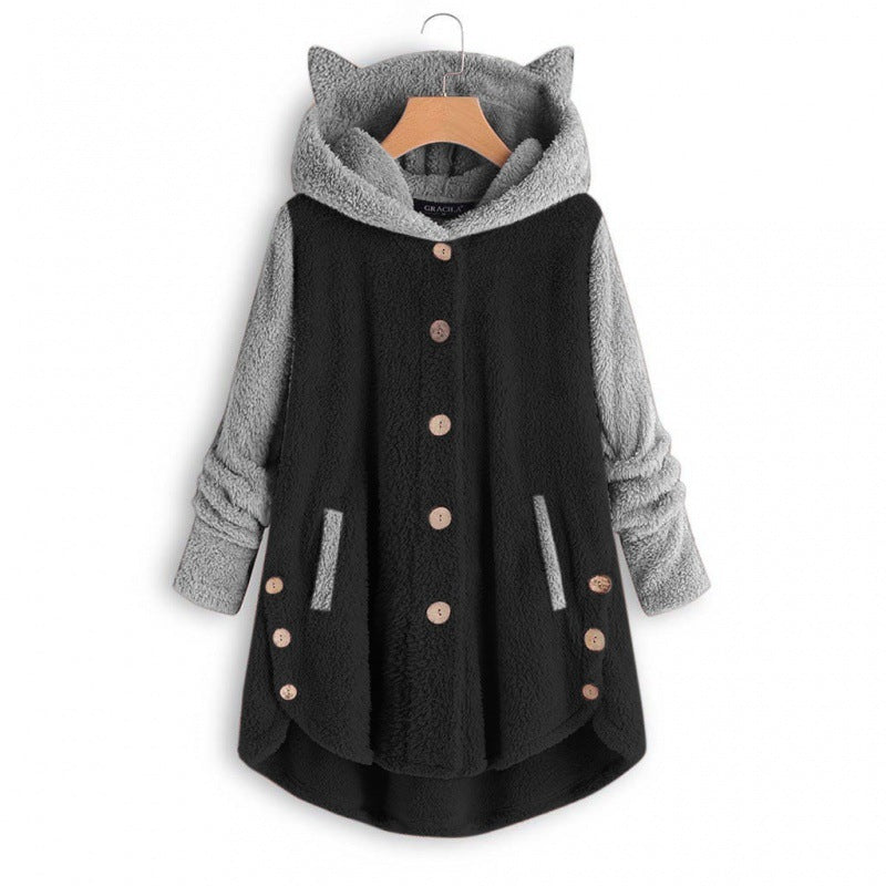 Damen Kuschelige Kapuzen‑Teddyjacke mit Katzenohren, Holzknopf‑Details und High‑Low‑Saum Shop Nory