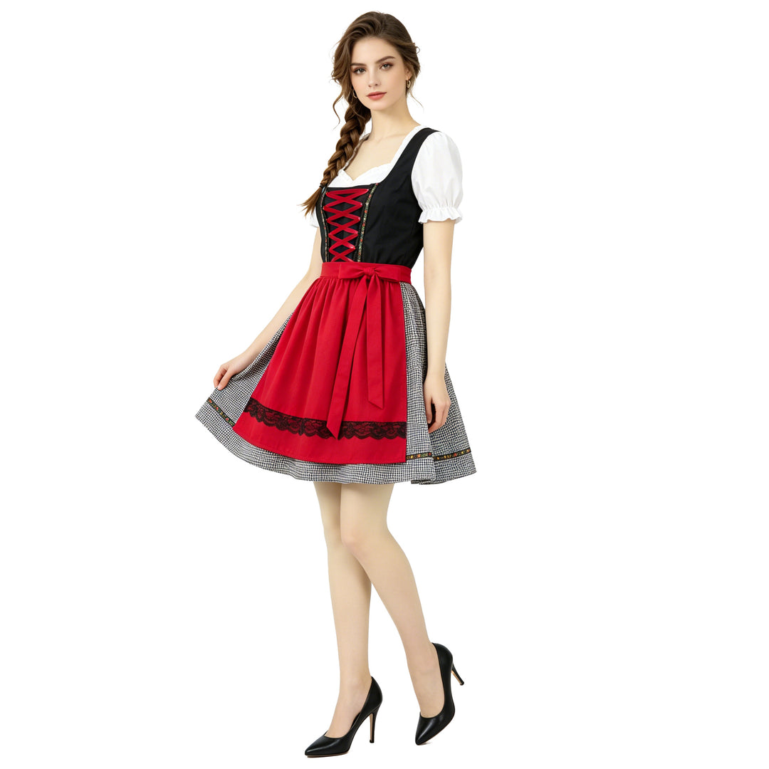 Damen nan kurzes traditionelles Dirndlkleid mit geschnürtem Mieder, Puffärmel-Bluse und aufgesetzter Schürze Shop Nory