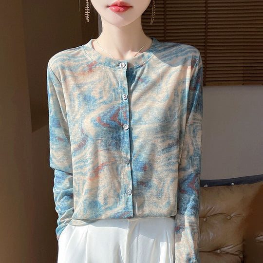 Damen Leichter Aquarell‑Print Feinstrick‑Cardigan mit Rundhalsausschnitt und Knopfleiste Shop Nory