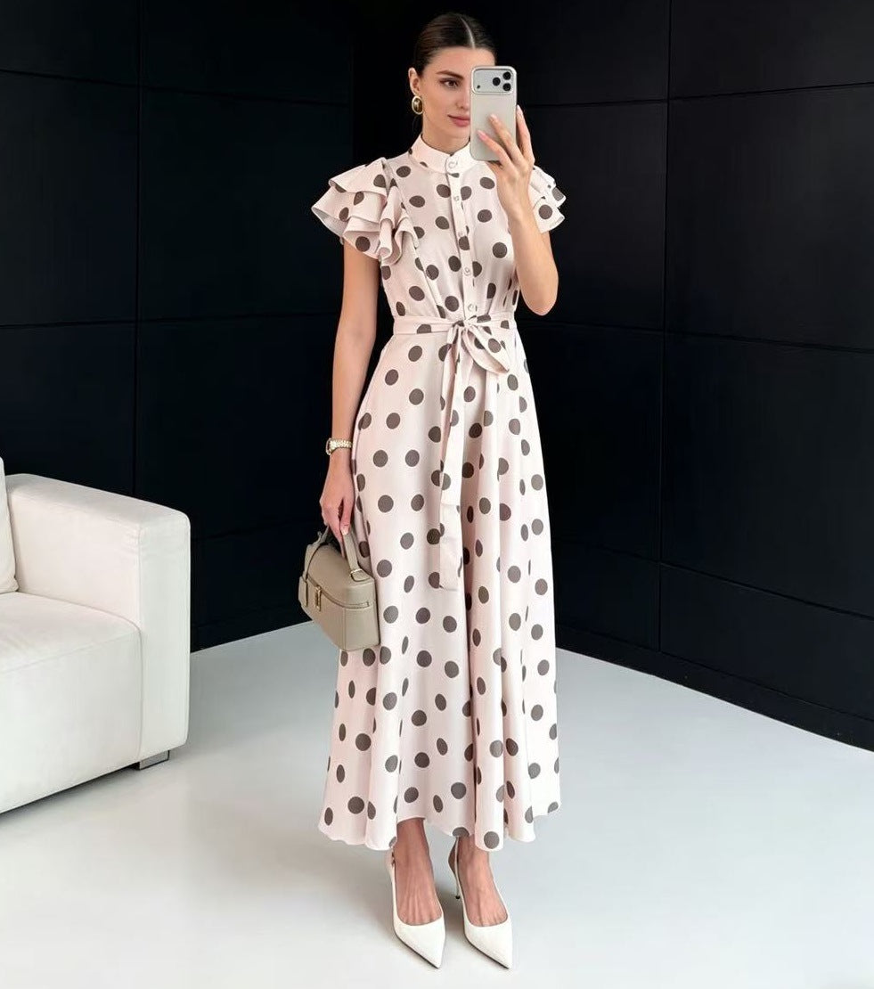 Damen Gepunktetes Maxikleid mit Stehkragen, Volantärmeln und Bindegürtel Shop Nory