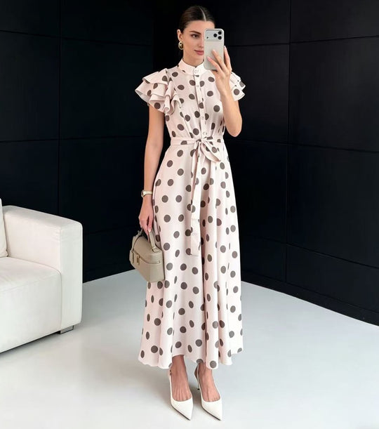 Damen Gepunktetes Maxikleid mit Stehkragen, Volantärmeln und Bindegürtel Shop Nory