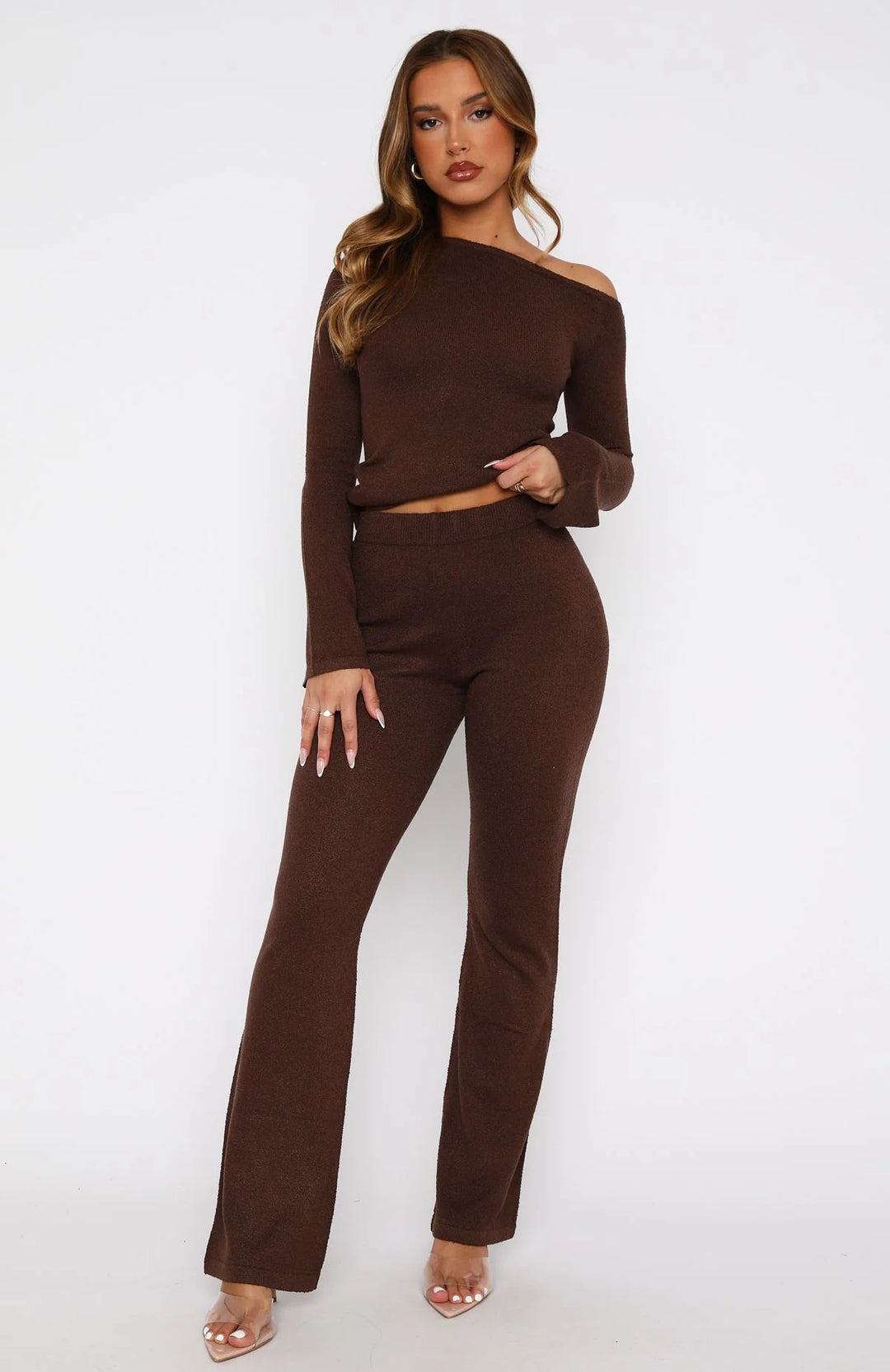 Damen Zweiteiliges Strick-Loungewear-Set mit Carmen‑Ausschnitt und weitem High‑Waist‑Hosenbein Shop Nory