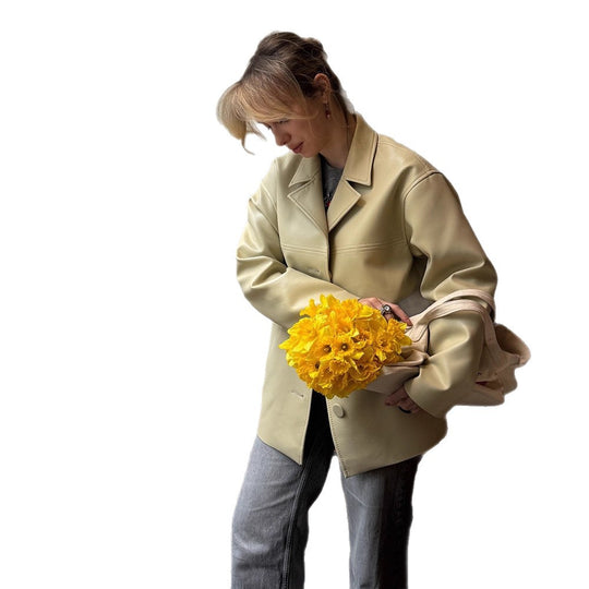 Damen Boxy Oversize Blazerjacke aus veganem Lederimitat mit überschnittener Schulter Shop Nory