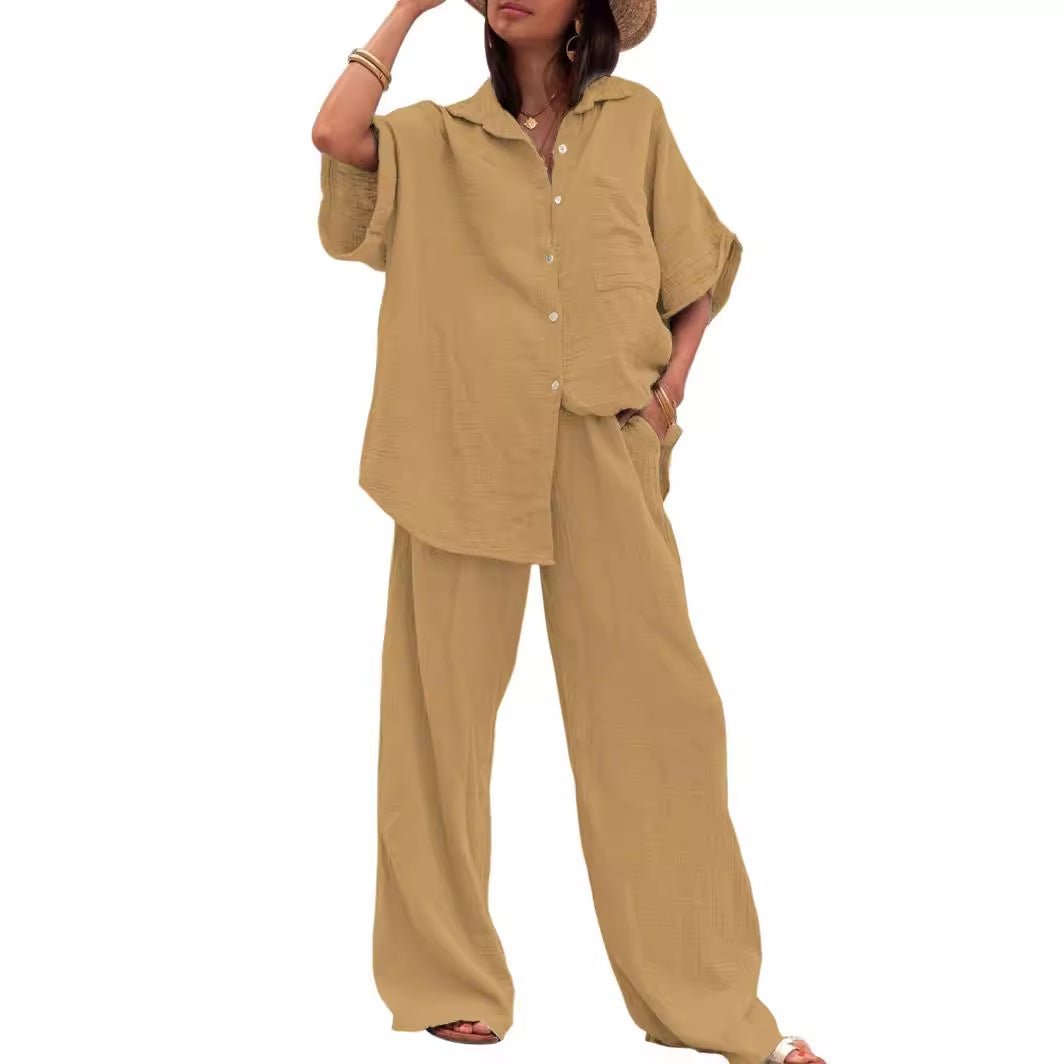 Damen Sommerliches Zweiteiler-Set mit übergroßem Hemd und weiter Hose