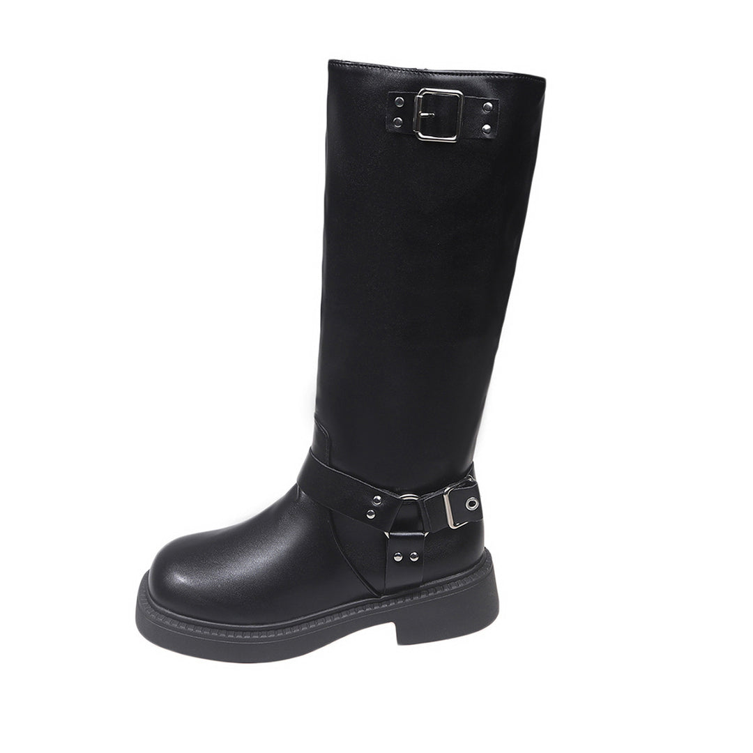 Damen Kniehohe Bikerstiefel mit seitlichem Reißverschluss und Dekorschnallen Shop Nory