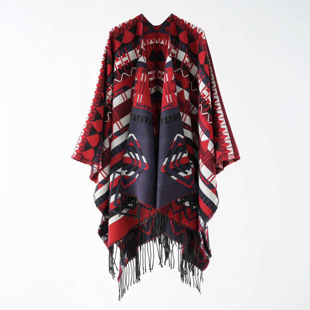Damen Gewebter Fransenponcho mit Ethno-Jacquard und Oversize-Fall Shop Nory
