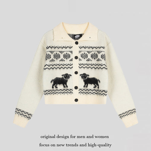 Damen Kurzgeschnittene Strickjacke im Norweger-Jacquard mit Reverskragen und Knopfverschluss Shop Nory