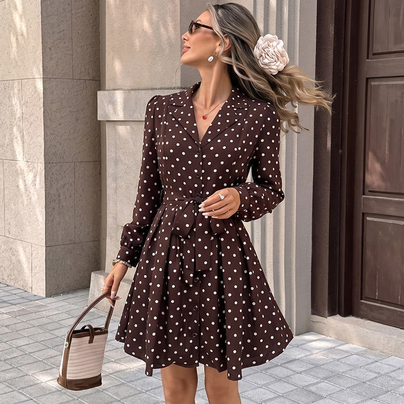 Damen Gepunktetes Hemdblusenkleid mit Taillengürtel und schwingender A-Linie Shop Nory