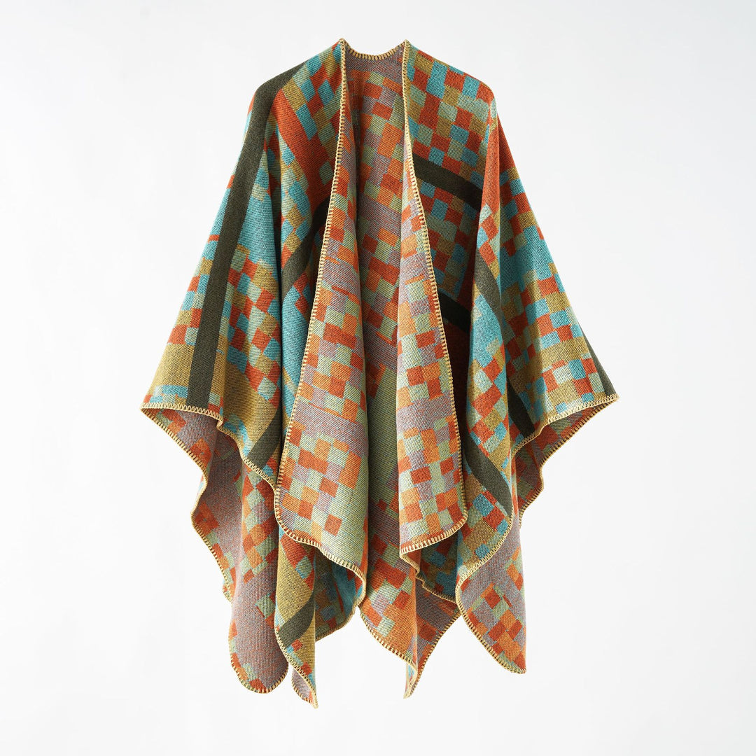 Damen Kastiger Webponcho mit grafischem Jacquard und Kettelkante Shop Nory