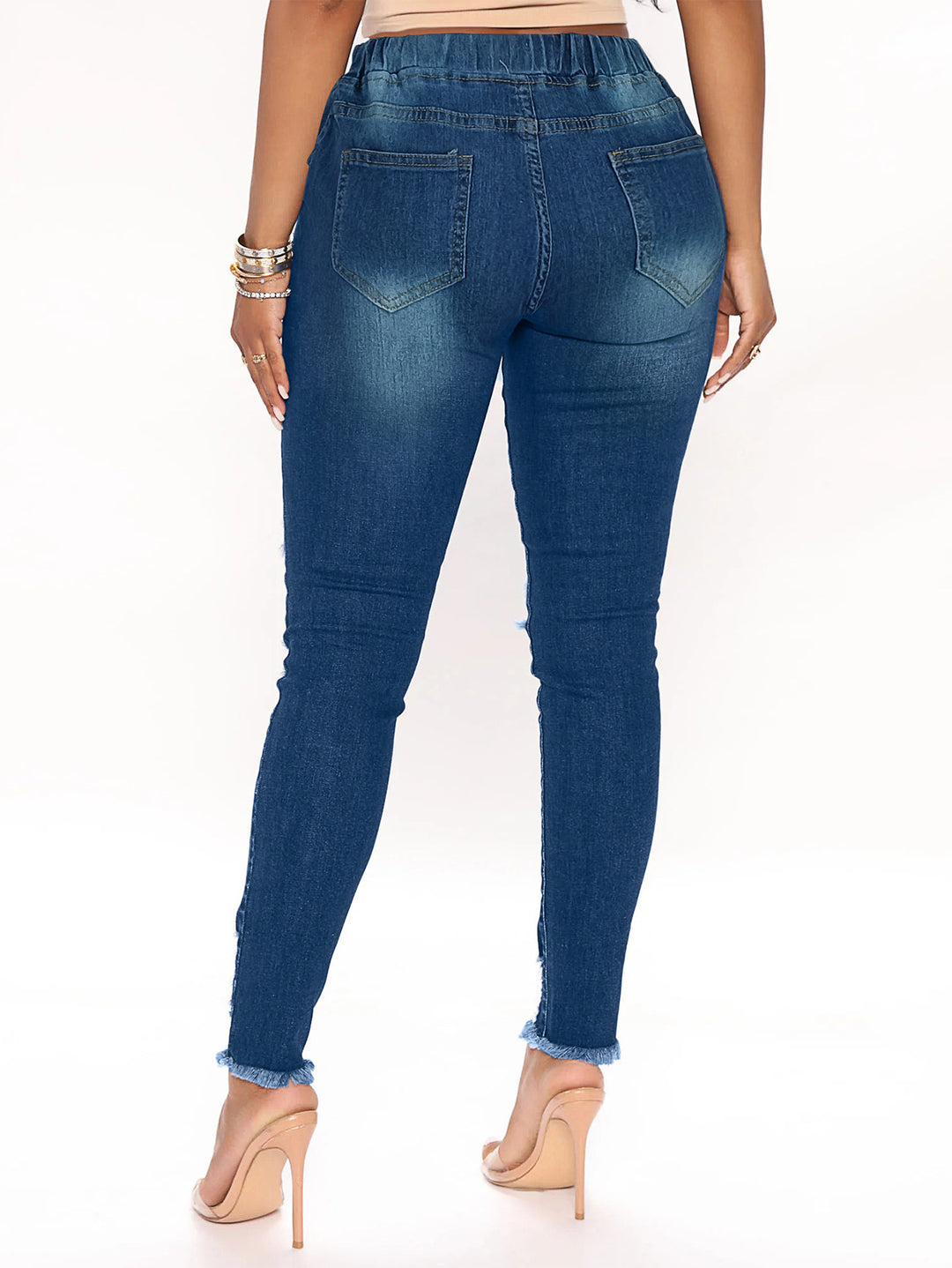 Damen Skinny-Jeggings mit hohem elastischem Tunnelzugbund und Destroyed-Details Shop Nory