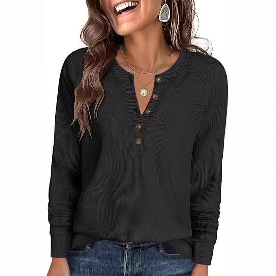 Damen Waffelstrick-Henley-Longsleeve mit Knopfleiste, Raglanärmeln und gerippten Bündchen Shop Nory