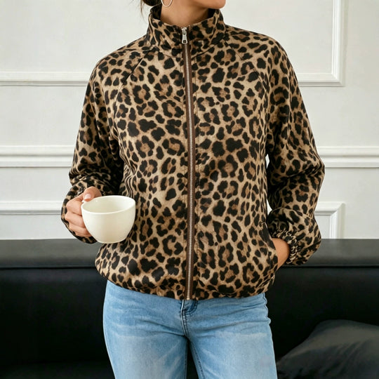 Damen Lockere Bomberjacke im Animal-Print mit Stehkragen und elastischen Bündchen Shop Nory
