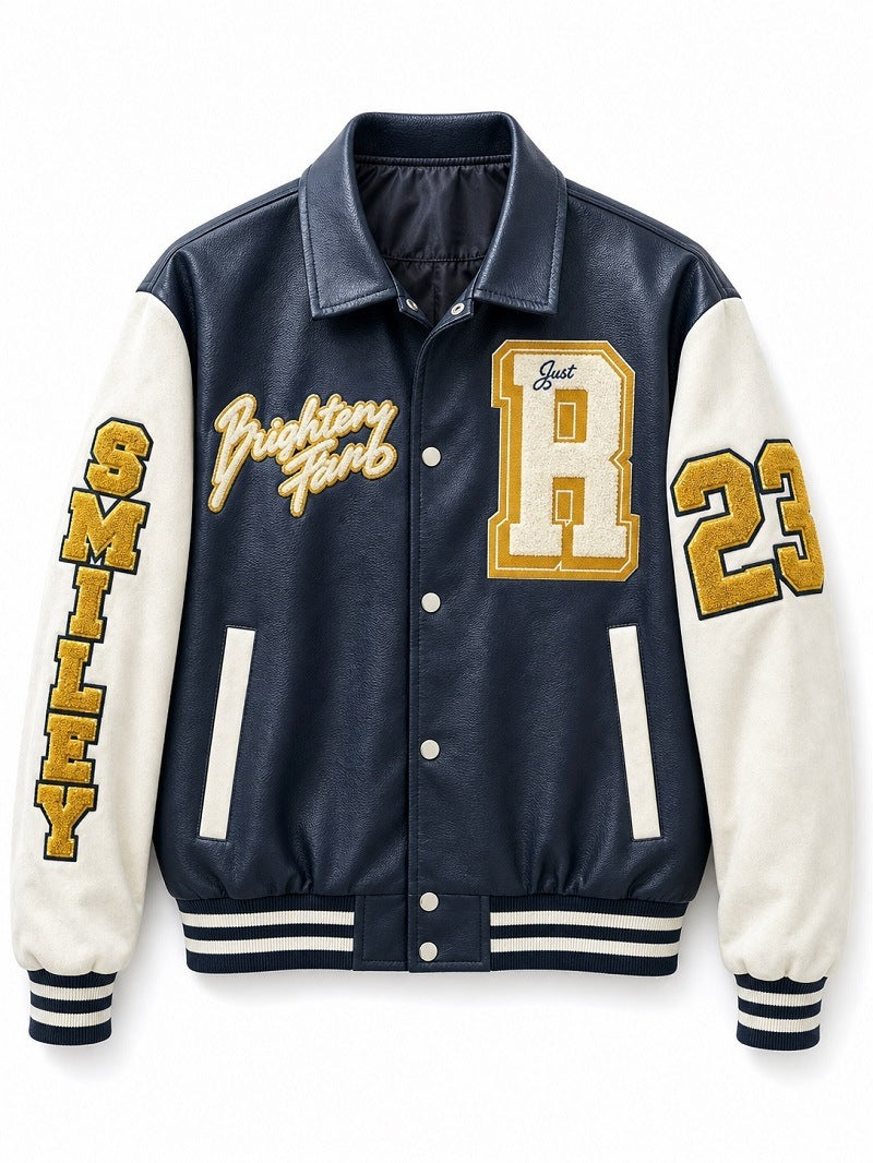Herren Collegejacke im Letterman‑Stil mit Kunstleder‑Body, Kontrastärmeln und Chenille‑Patches Shop Nory
