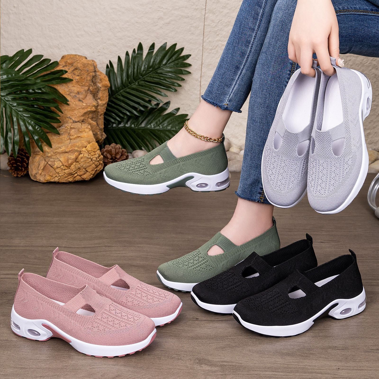 Damen Atmungsaktive Slip-On Freizeit-Schuhe mit dämpfender Sohle