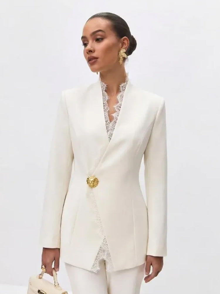 Damen Taillierter Blazer mit Spitzenbesatz und Zierknopf Shop Nory