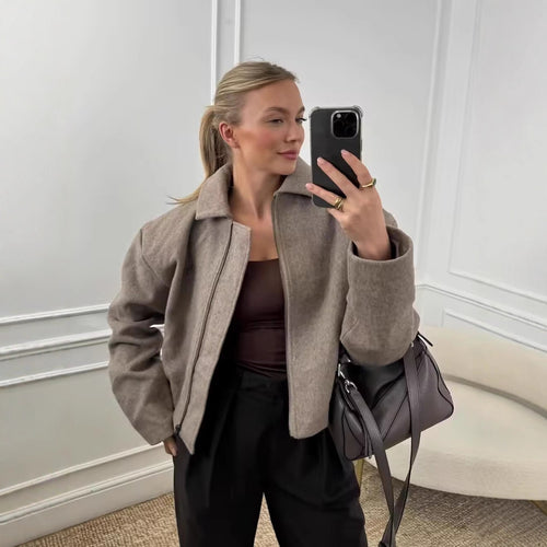 Damen Kurz geschnittene Wollmix Jacke mit Reißverschluss und kurzem Stehkragen Shop Nory