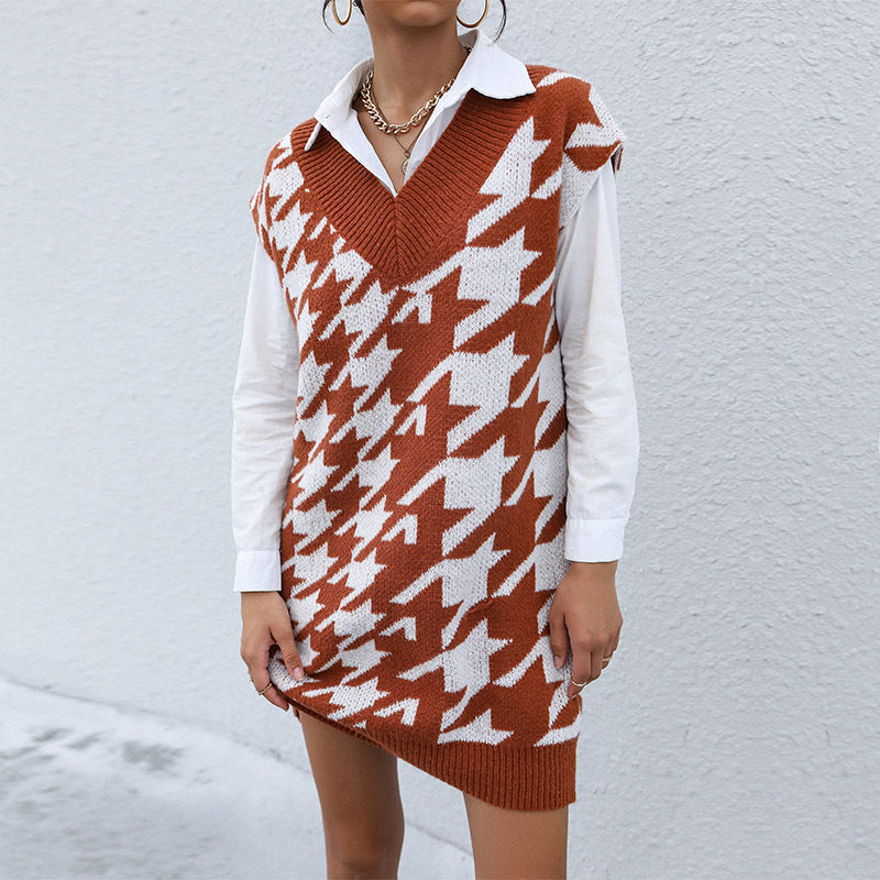 Damen Longline Strick‑Tunikaweste mit Hahnentritt‑Jacquard und tiefem V‑Ausschnitt Shop Nory