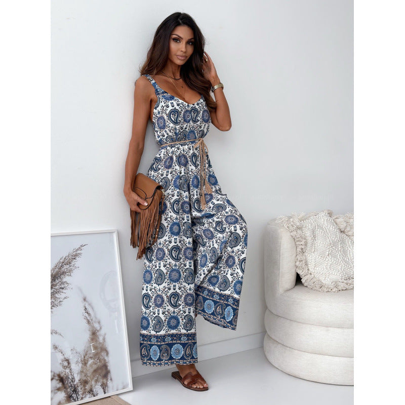 Damen Jumpsuit mit floralem Design und taillierbarem Gürtel Shopnory