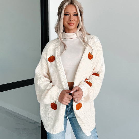 Damen Kuscheliger Oversize-Strickcardigan mit Kürbis‑Stickerei Shop Nory