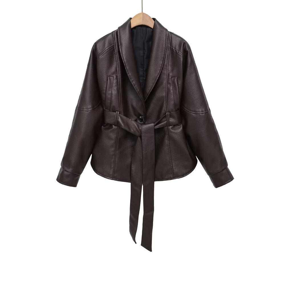 Damen Kurzjacke aus veganer Lederoptik mit Taillengürtel und Schalkragen Shop Nory