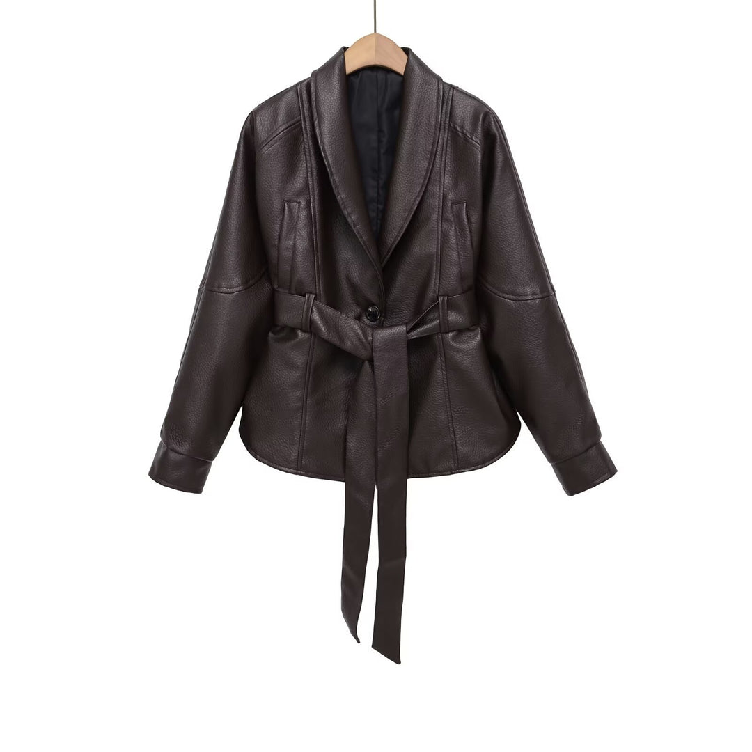Damen Kurzjacke aus veganer Lederoptik mit Taillengürtel und Schalkragen Shop Nory