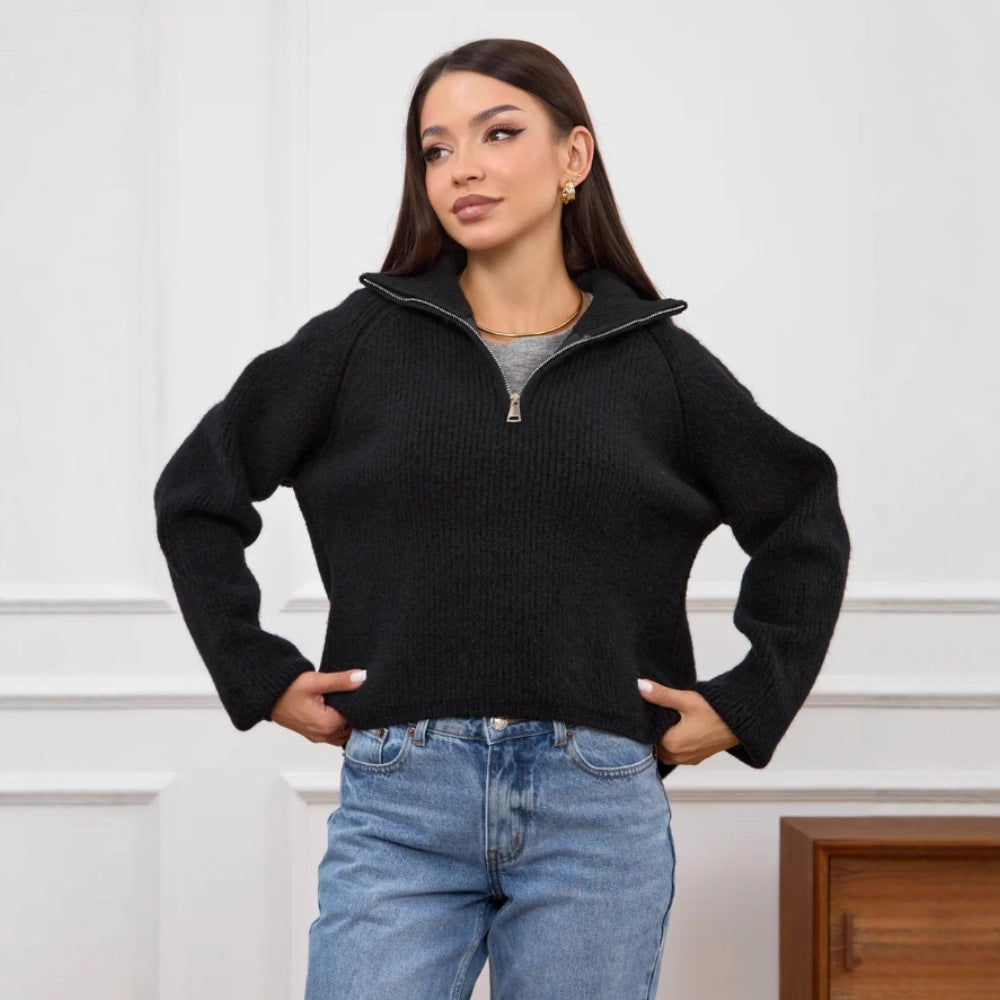 Damen Modischer Strickpullover mit Stehkragen und kurzer Reißverschluss Shop Nory