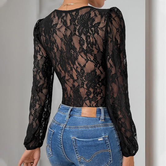 Damen Figurformender Spitzen-Body mit geschnürter Vorderöffnung, V‑Ausschnitt & transparenten Langärmeln Shop Nory