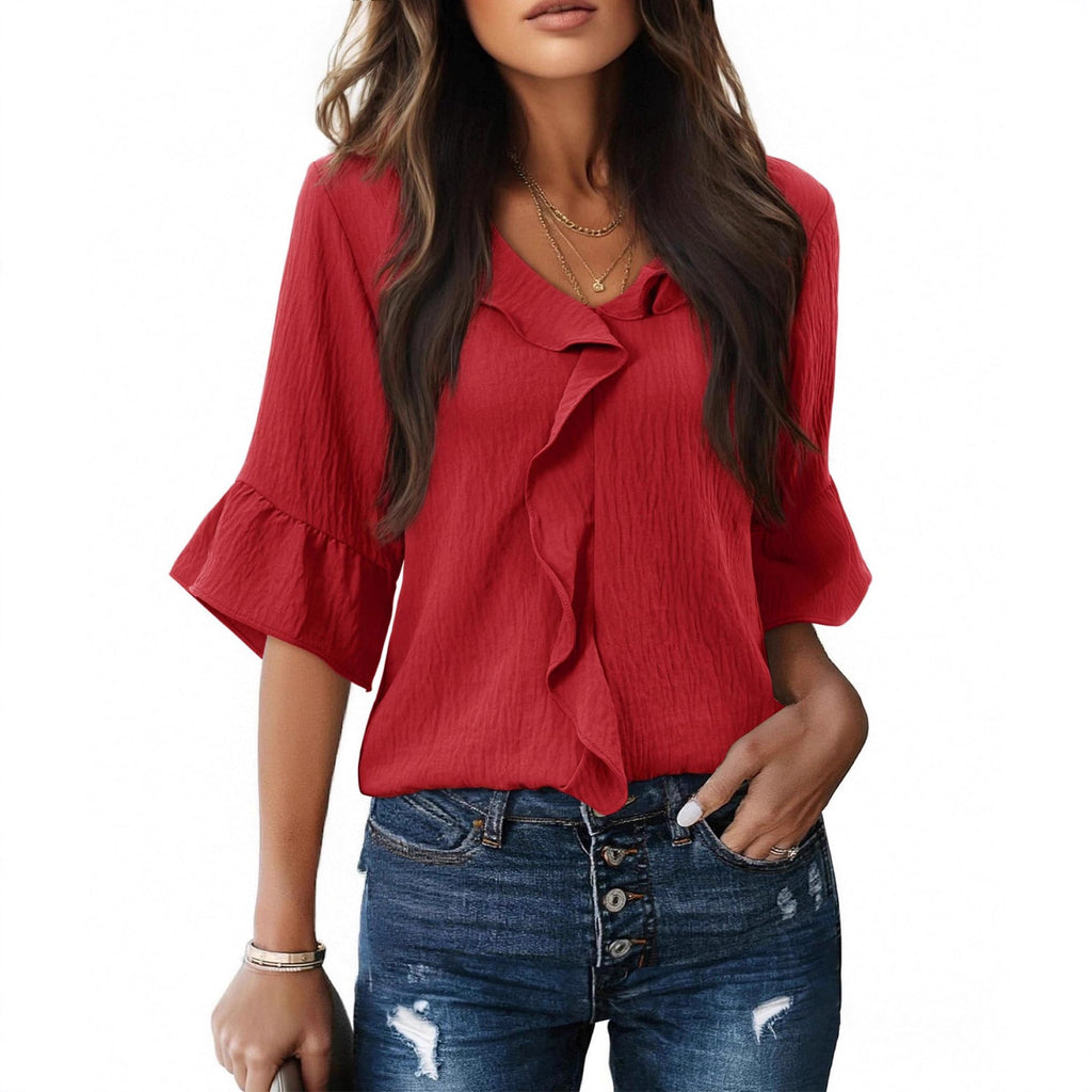 Damen Luftiges Blusenshirt mit Rüschendetails und V-Ausschnitt