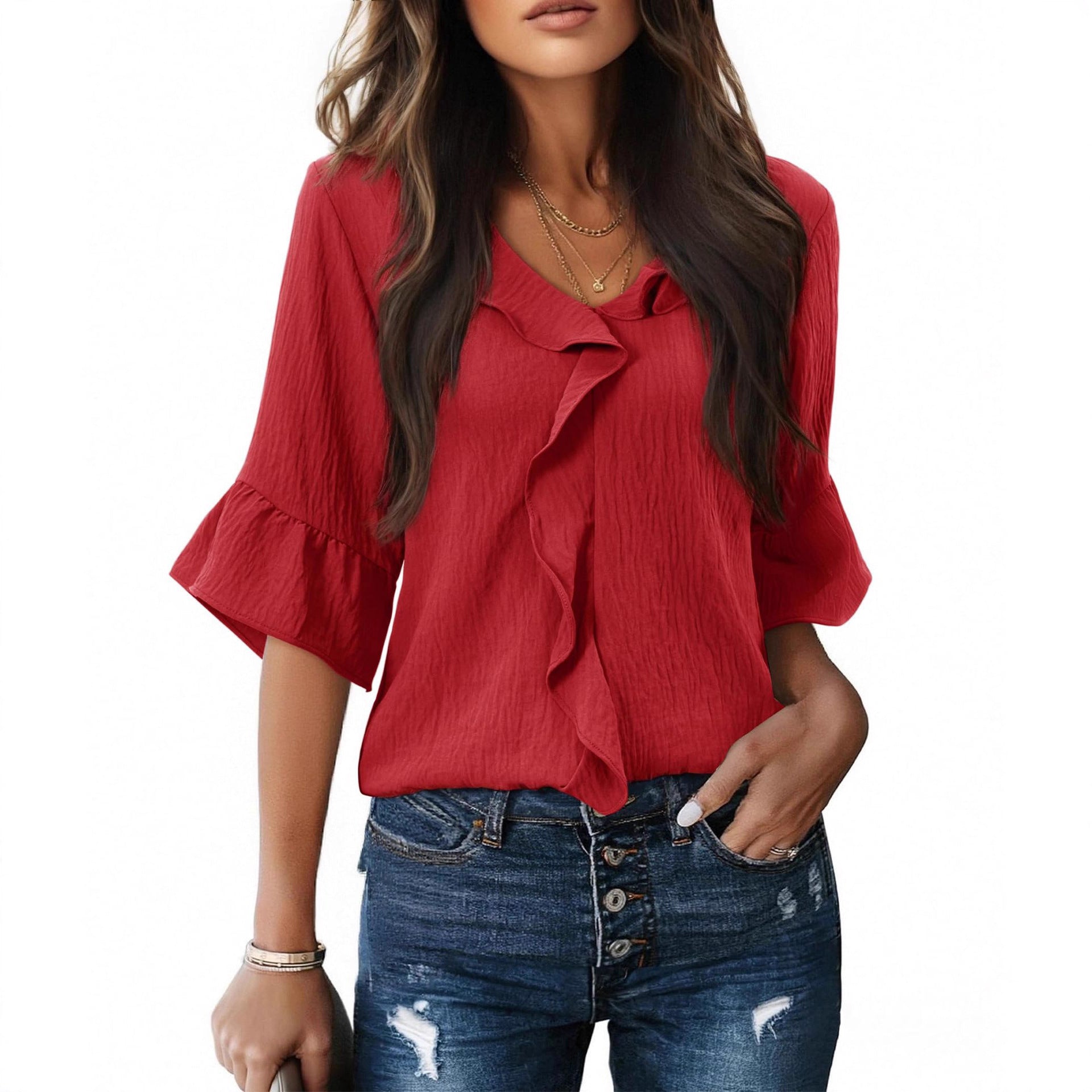 Damen Luftiges Blusenshirt mit Rüschendetails und V-Ausschnitt