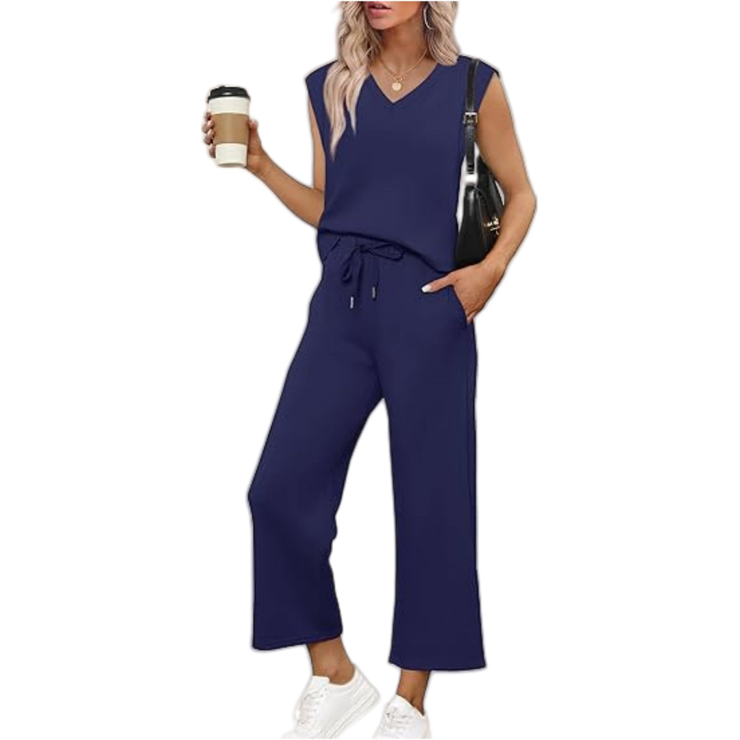 Damen Lässiges Zweiteiliges Lounge-Set mit Ärmellosem V-Neck-Top und Weiten Kordelbund-Hosen Shop Nory