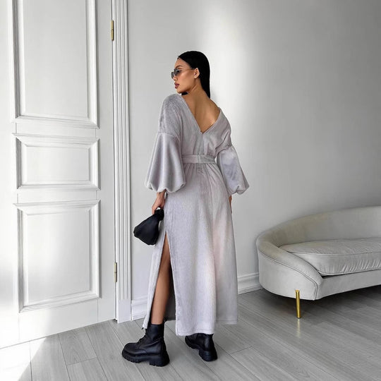 Damen Kuschel-Midikleid mit Bindegürtel und Ballonärmeln Shop Nory