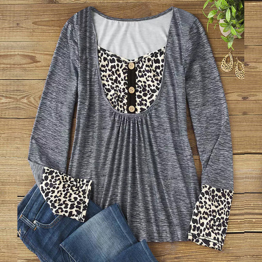 Damen Langarmshirt mit Leo-Einsatz, gerafftem Bund und Knopfblende Shop Nory
