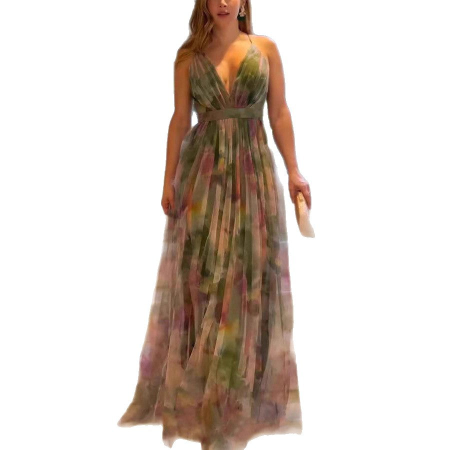 Damen Maxikleid mit tiefem V-Ausschnitt und fließendem Chiffon Shopnory