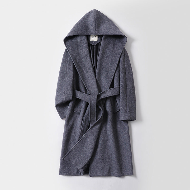 Damen Maxilanger Kapuzenmantel aus Wollmix mit Bindegürtel und weichem Innenfutter Shop Nory
