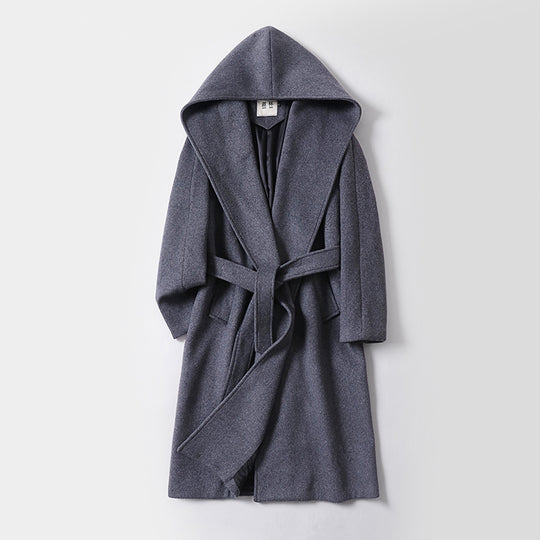 Damen Maxilanger Kapuzenmantel aus Wollmix mit Bindegürtel und weichem Innenfutter Shop Nory