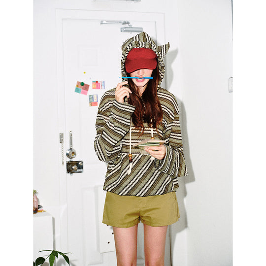 Damen Strick‑Kapuzenpullover mit Katzenohren und Kängurutasche Shop Nory