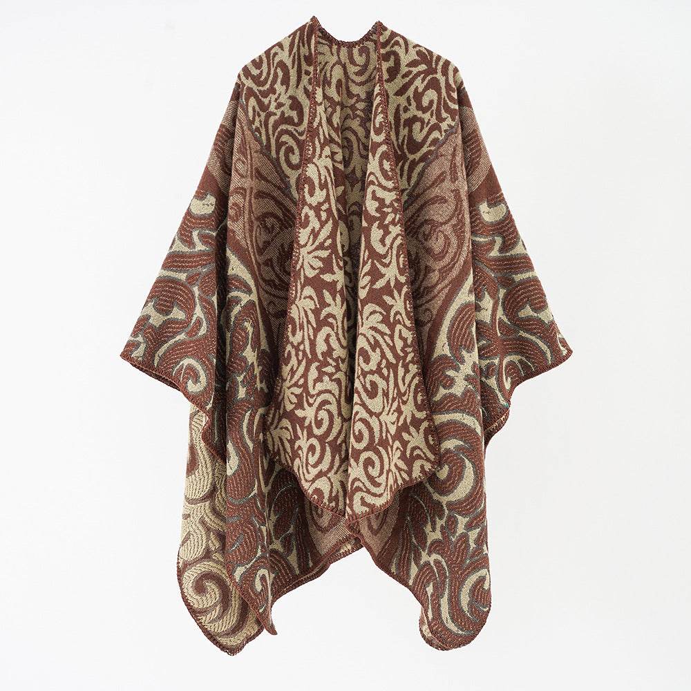 Damen Ornamentaler Jacquard-Capeponcho mit offenem Fall und kastiger Silhouette Shop Nory