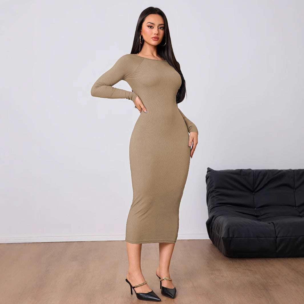 Damen figurbetontes Stretch-Midikleid mit U‑Boot‑Ausschnitt und figurformendem Rippstrick Shop Nory