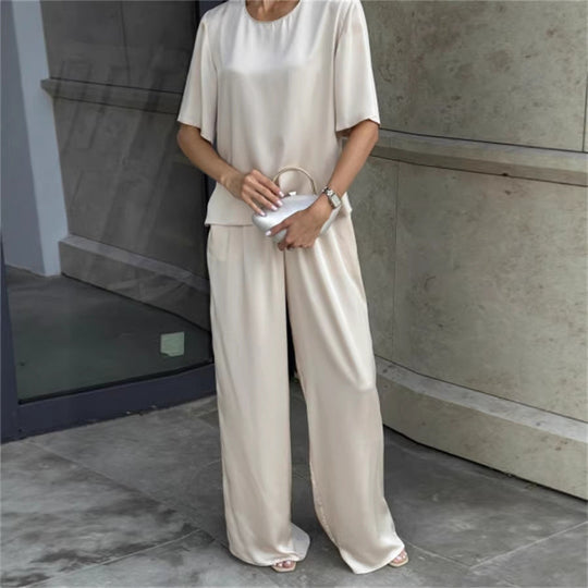 Damen elegantes und fließendes Zweiteiler-Set mit lockerem Oberteil und weiten Hosen Shopnory