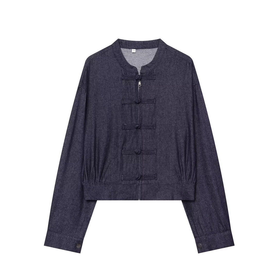 Damen Cropped Jeansjacke im China‑Stil mit Mandarinkragen und Knotenverschlüssen Shop Nory