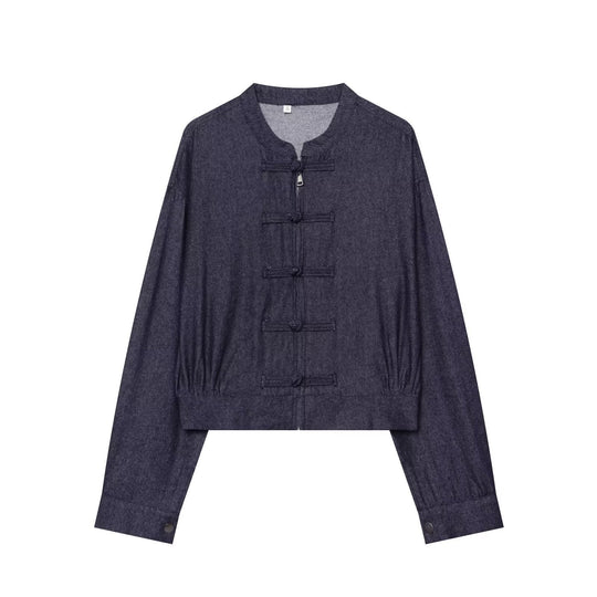 Damen Cropped Jeansjacke im China‑Stil mit Mandarinkragen und Knotenverschlüssen Shop Nory