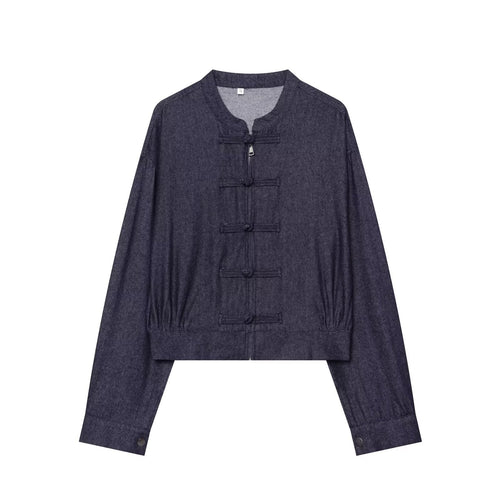Damen Cropped Jeansjacke im China‑Stil mit Mandarinkragen und Knotenverschlüssen Shop Nory