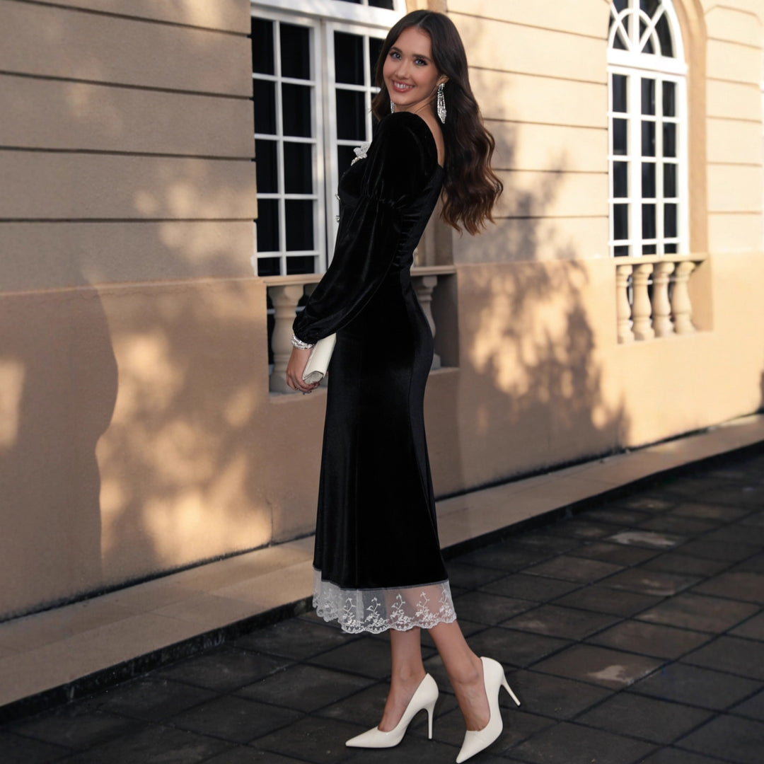 Damen Samt‑Midikleid mit quadratischem Ausschnitt, Puffärmeln und Spitzenuntertritt Shop Nory