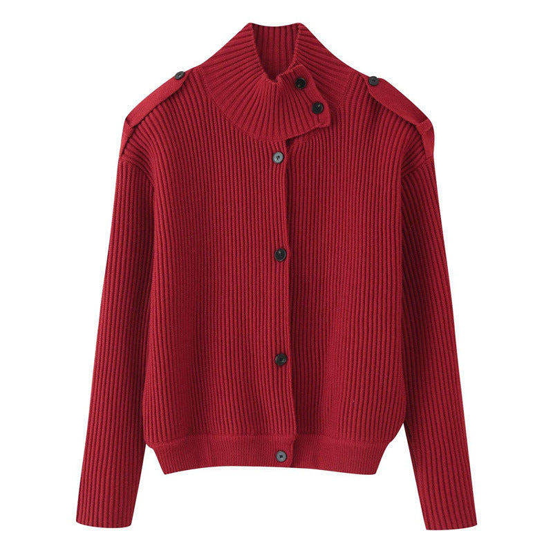 Damen Gerippter Strickcardigan mit Stehkragen und Schulterknopf-Detail Shop Nory