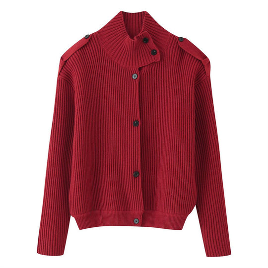 Damen Gerippter Strickcardigan mit Stehkragen und Schulterknopf-Detail Shop Nory