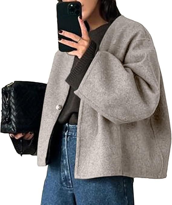 Damen Kurz geschnittene Oversize Wolljacke mit kastigem Schnitt und Ein-Knopf-Verschluss Shop Nory