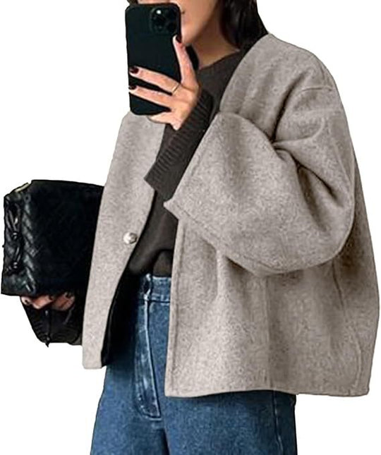 Damen Kurz geschnittene Oversize Wolljacke mit kastigem Schnitt und Ein-Knopf-Verschluss Shop Nory