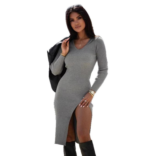 Damen Tailliertes Rippstrick-Midikleid mit tiefem V-Ausschnitt und hohem Beinschlitz Shop Nory
