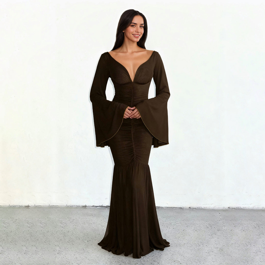 Damen nan gerafftes Maxikleid mit V-Ausschnitt, Trompetenärmeln und Stufenrüsche Shop Nory